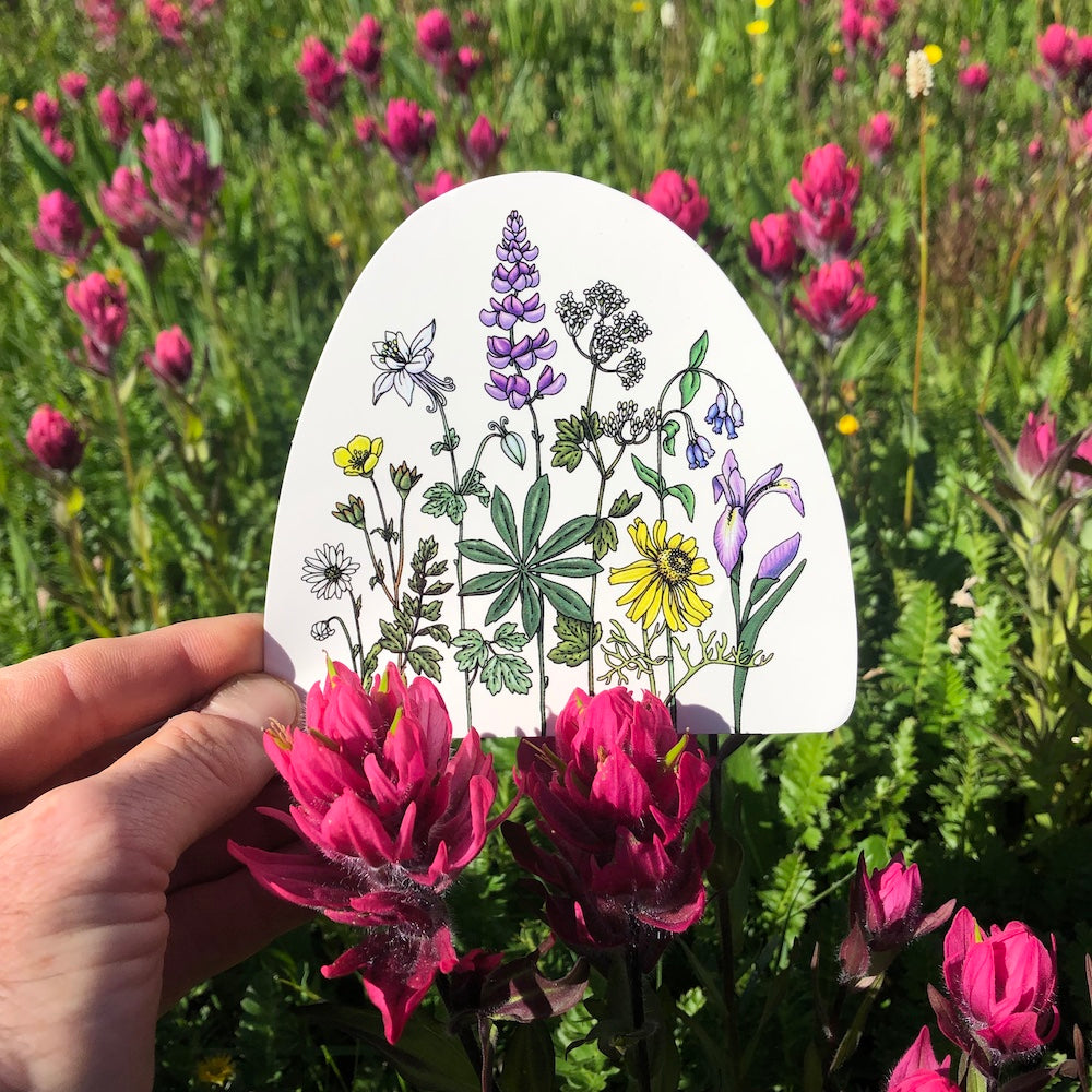 Colorful wildflower arch sticker featuring lupine, daisies and bluebells