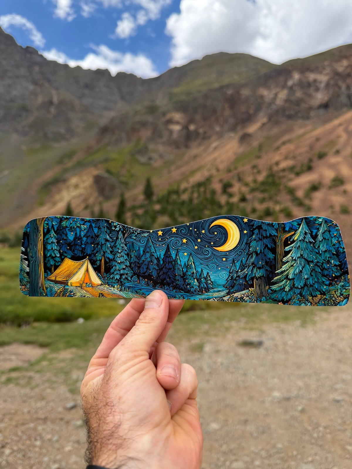 long camping wrap around sticker with a mountain in the background