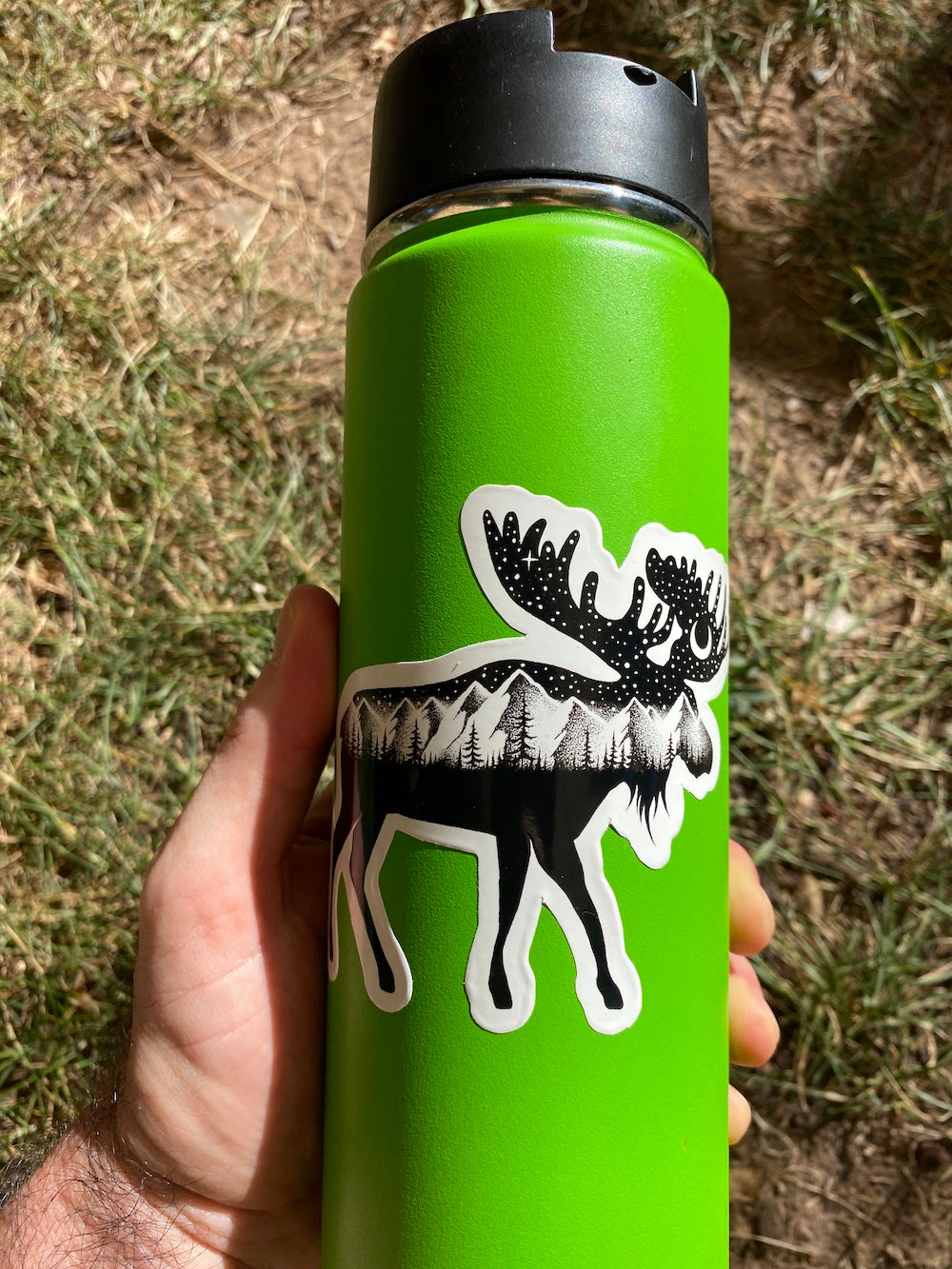Moose mountain and pine forest vinyl decal applied to a water bottle
