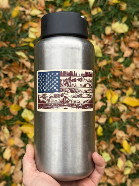 American Nature Flag sticker on a stainless steel water bottle