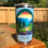Colorado mountain tent camping sticker featuring a hiker on a yeti mug