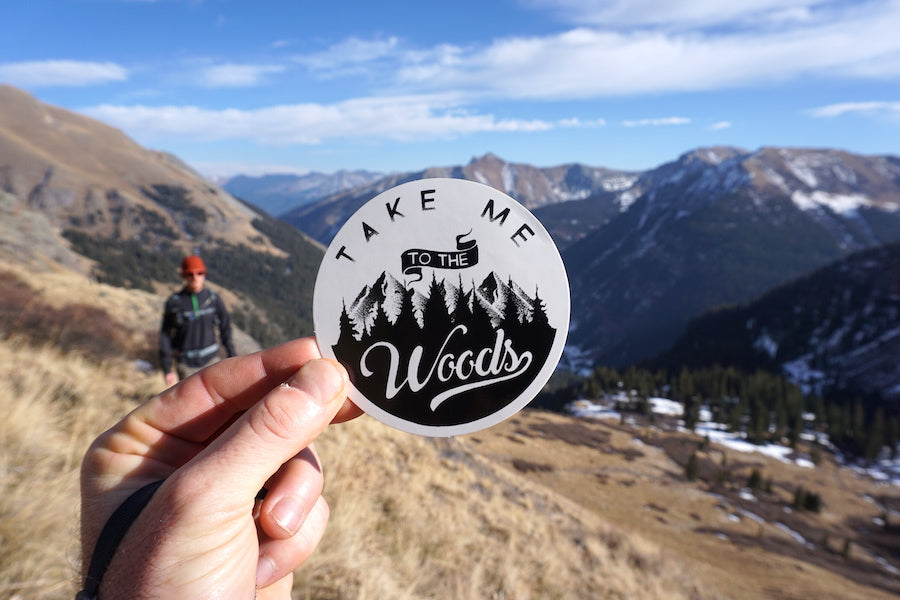 Take Me to the Woods black-and-white forest sticker