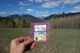 Mountain cabin landscape sticker inside a colorful vintage jug design