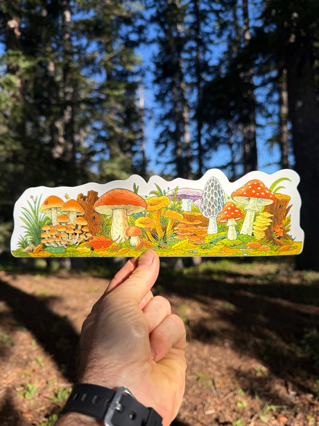 A hand holds a die-cut wrap around sticker featuring a colorful forest of mushrooms, including red, orange, yellow, and white varieties, against a blurred background of a pine forest and blue sky.