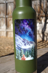 Night hike sticker featuring snowy mountains, pine trees and the Milky Way