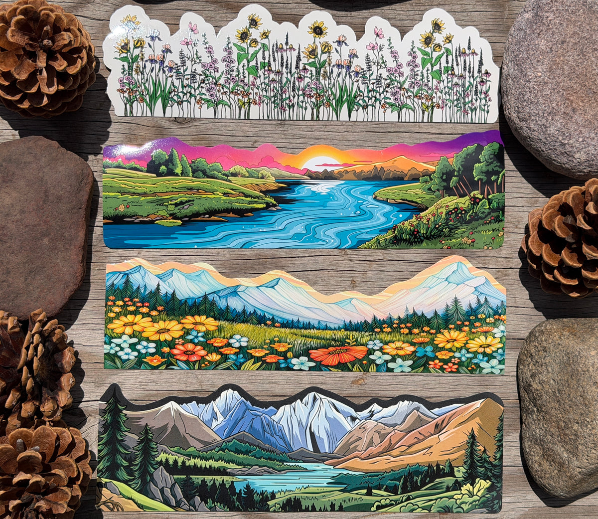 Four nature water bottle wrap stickers featuring mountains, wildflowers and a river sunset