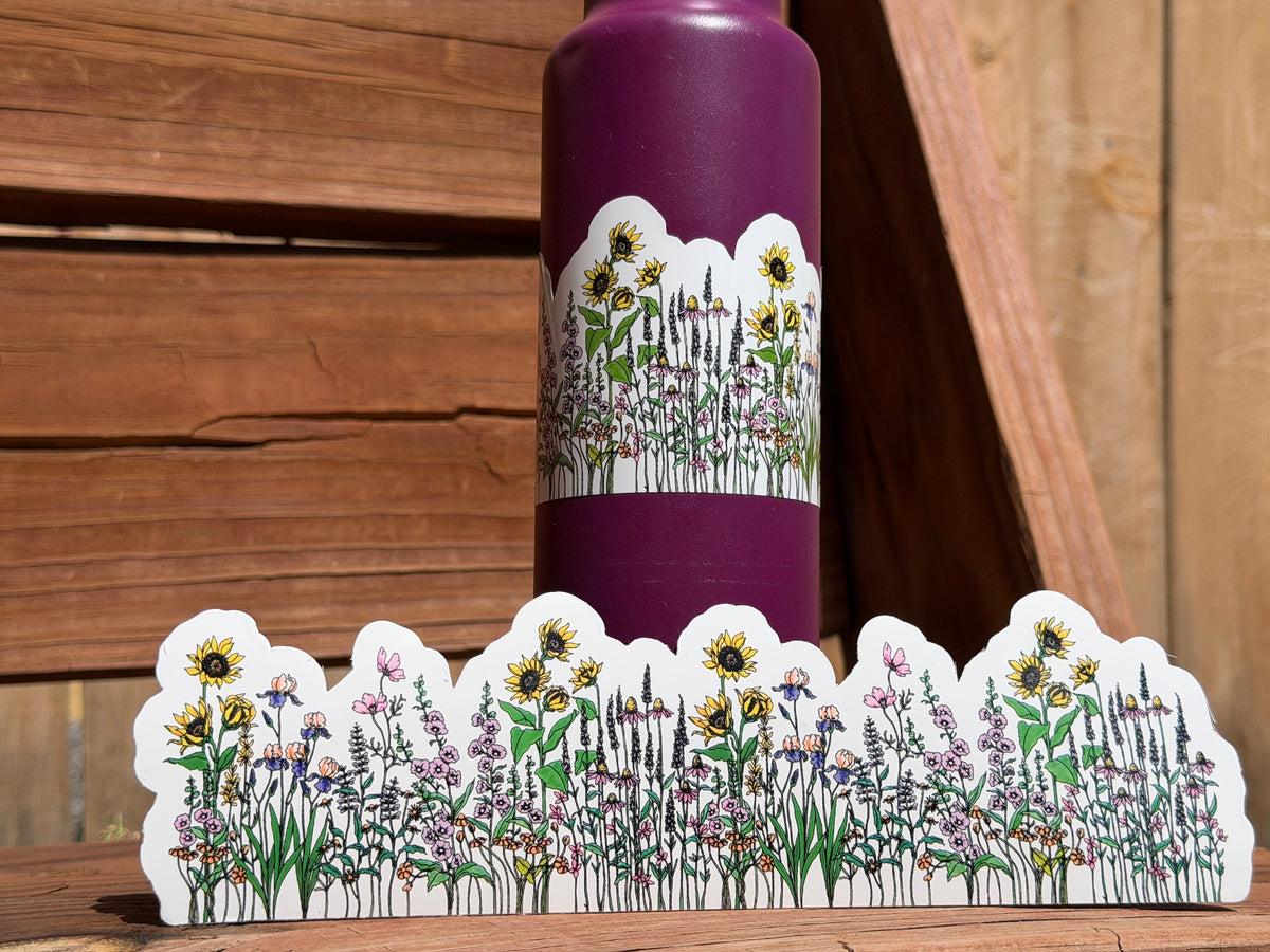 Endless Flowers wildflower wrap sticker applied around a purple water bottle