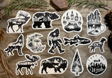 Collection of 13 black-and-white animal and nature stickers arranged together